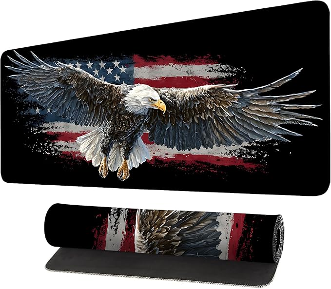 Desk Mat, XXL Extended Gaming Pad for Desktop, 35x16 Inches Patriotic Bald Eagle US Flag Design, Large Non-Slip Vegan Leather Surface with Stitched Edges, Keyboard Mouse Mat for Home Office