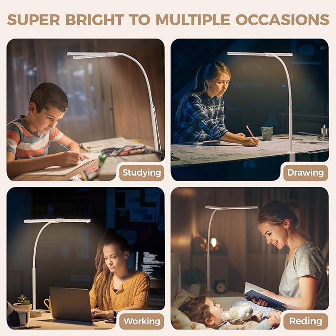 LED Desk Lamp for Home Office, Double Head Architect Light with Clamp, Computer Monitor Clip on Light, 3 Modes and 10 Brightness, Adjustable Flexible Goose-Neck, Table Task Lamp, White