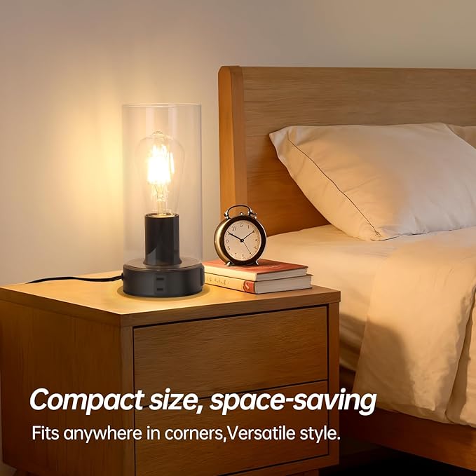 Bedside Table lamp for Bedroom -Touch Lamp with USB-A+C Charging Ports & AC Outlet. Nightstand Lamp with Black Base Glass. Stepless Dimming Small Lamp for Bedroom, Dorm, Office, Kids Room, Living Room