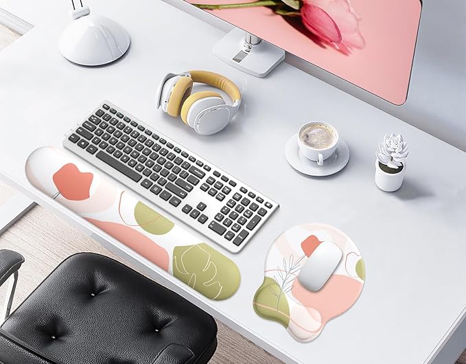eulps Mouse Pad Wrist Support, Ergonomic Memory Foam Keyboard Wrist Pad & Gel Wrist Rest Set for Computer Keyboard for Easy Typing for Office & Home (Rose Set)