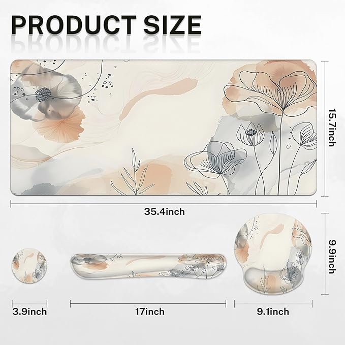 Arttown Watercolor Flower Leaf Desk Mat Summer Mouse Pad Set 4 in 1 Botanical Ergonomic Design Large Desk Pad + Keyboard Wrist Rest + Mouse Wrist Rest + Coaster Suitable for Home Office Study Game