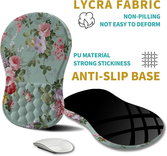 Hokafenle Ergonomic Mouse Pad Wrist Support, Wrist Rest Mousepad for Carpal Tunnel with Integrated Memory Foam Slope Massage Bulge (11.8x7.9 inch,Graceful Peony)