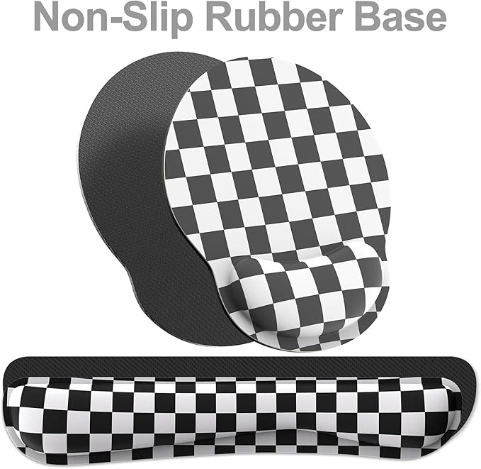 Ergonomic Mouse Pad with Wrist Rest and Keyboard Wrist Rest, Mousepad and Keyboard Pad, Non-Slip Rubber Base, Mouse Pad with Wrist Support for Gaming, Computer, Office, Black Checkered
