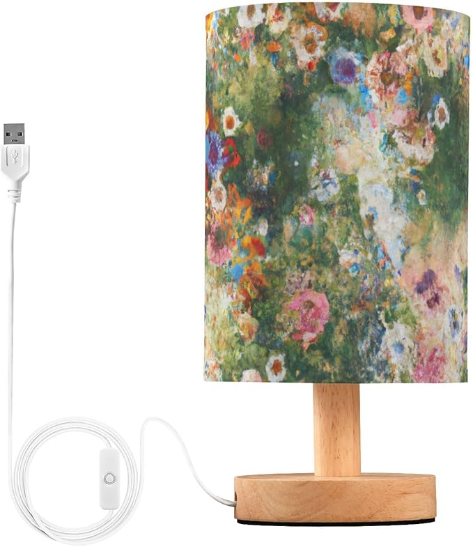 Flower LED Table Lamp, Bedside Lamp with Linen Lampshade, Flicker-Free Eye Care USB Plug in Nightstand Lamp, for Bedroom and Office
