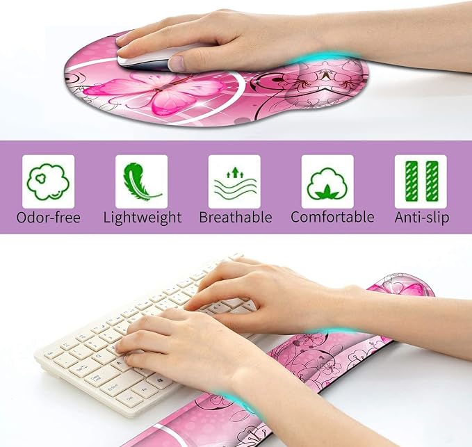 RICHEN Keyboard Wrist Rest and Mouse Pad with Wrist Support, Memory Foam Set for Gaming and Office, Comfortable & Lightweight for Easy Typing (Pink Butterfly)