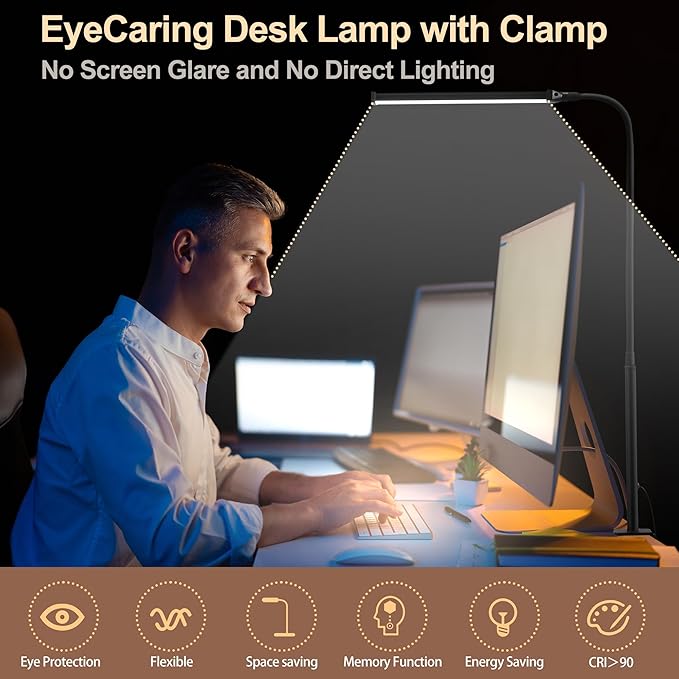 Led Desk Lamp for Home Office, Eye-Caring Desk Light with Clamp, Clip on Light for Reading, 3 Modes 10 Brightness, Flexible Goose-Neck, Memory Function, Study, Work, Draw, White
