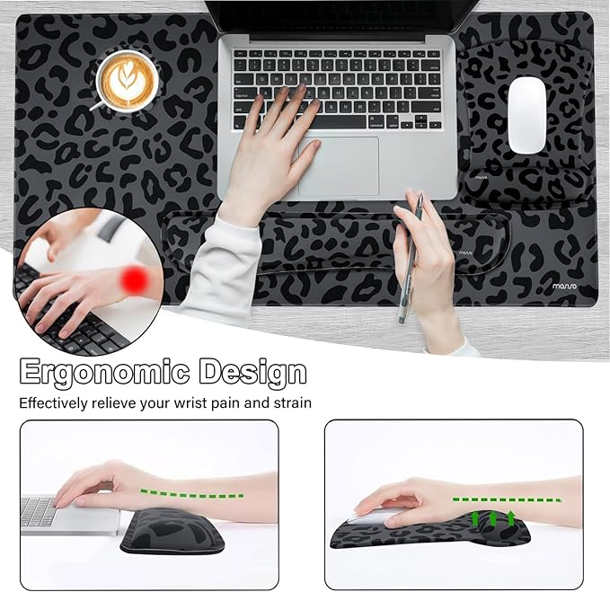 MOSISO Wrist Rest Support for Mouse Pad&Keyboard Set, Ergonomic Large Leopard Grain Desk Mat&Coaster Set, Non-Slip Mousepad&Easy Typing Cushion with Memory Foam for Home Office, Black