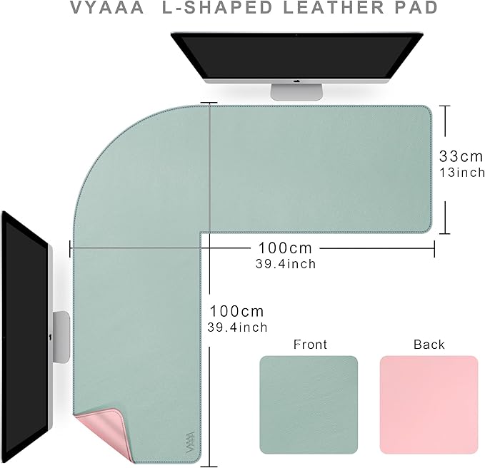 Vyaaa L Shaped Desk Mat, (39.4"+ 39.4") x 13" PU Leather Corner Desk Mat, Reversible L-Shape Desk mat, XL Gaming Mouse Pad for Computer, Gaming, Writing, Home and Office(Green and Pink)