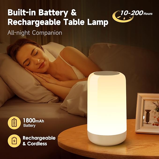 LED Lamp for Bedroom, 32 RGB Colors & 10 Brightness Touch Night Light, 1800mAh Cordless & Battery NightLight, Mood Lighting Rechargeable Lamp for Adults/Kids/Baby Nursery Night Light, Eyes Care, Gifts