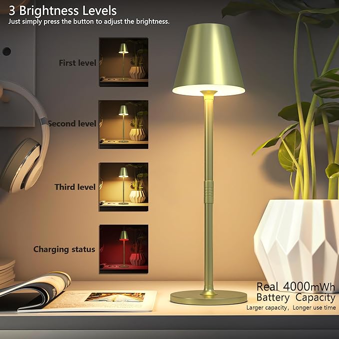 2-Pack Cordless Table Lamps - 5000mAh Rechargeable Battery Operated Desk Lamp, 3-Level Dimmable LED Night Light for Bedroom, Dining, Restaurant - Metal Design (Champagne Gold 2Pack)