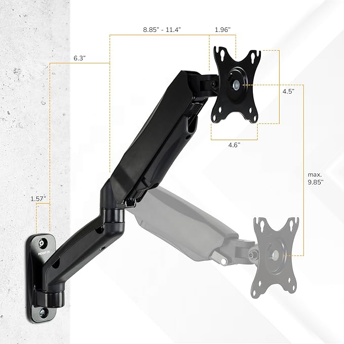 Mount-It! Monitor Wall Mount Arm, Full-Motion Gas Spring, Fits 13–32″ Screens up to 14.3 lbs, VESA 75x75 & 100x100, Tilt Swivel Rotate, Single-Stud Wall Mounted Computer Monitor Arm, RV Compatible