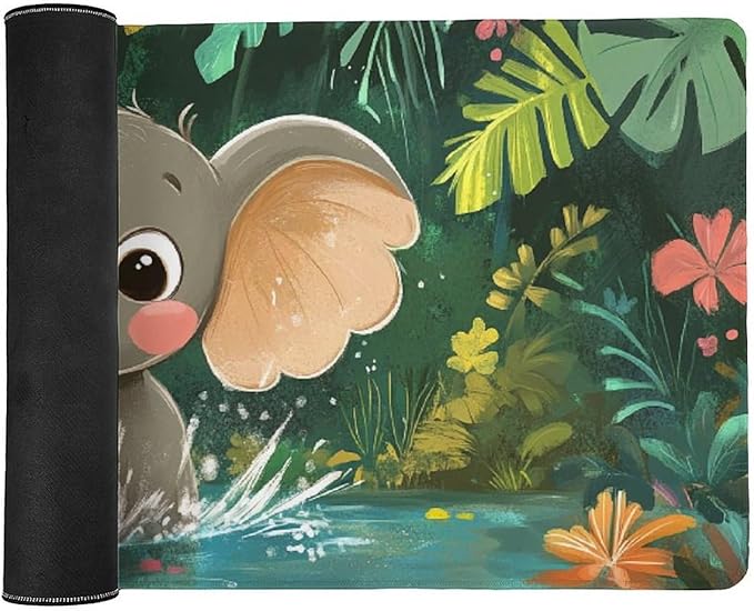Large Ergonomic Gaming Mouse Pad Playful Baby Elephant - Fun Safari Animal Theme with Non-Slip Base Water-Resistant Surface and Stitched Edges 40x90cm