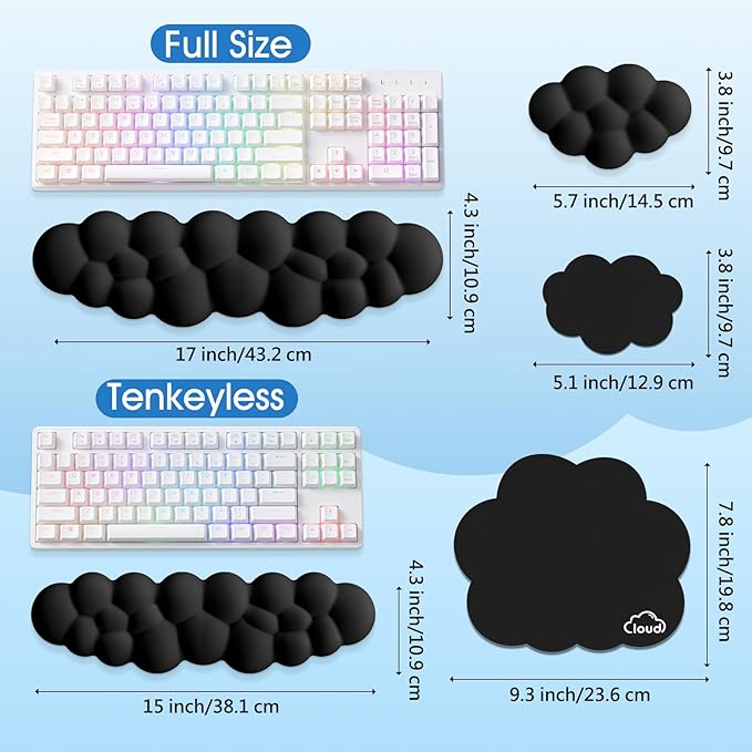 Cloud Wrist Rest Keyboard Cushion, 4-in-1 Ergonomic Cloud Keyboard Wrist Rest and Mouse Pad Set with Memory Foam Arm Support for Palm, Cute Desk Accessory for PC Gaming Setup, Black