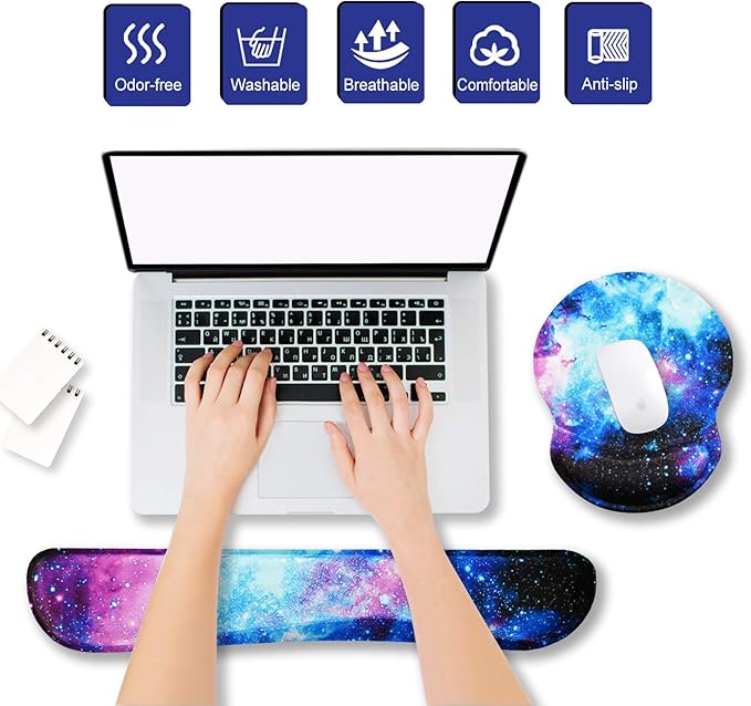 ArtSo Upgraded Wrist Rest Support for Mouse Pad & Keyboard, Ergonomic Gel Mousepad Non-Slip Rubber Base Home, Office Wrist Support & Easy Typing Cushion with Neoprene Cloth & Soft Memory Foam, Galaxy