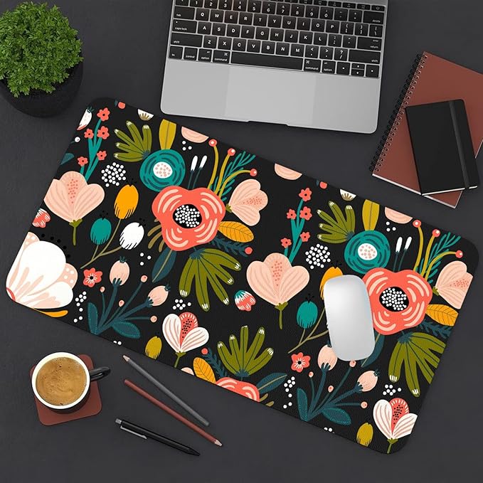 Desk Mat Large Protector Pad 27.5" ×13.8", Non-Slip PU Leather Desk Blotter, Waterproof Mouse Pad for Office Home Black Floral
