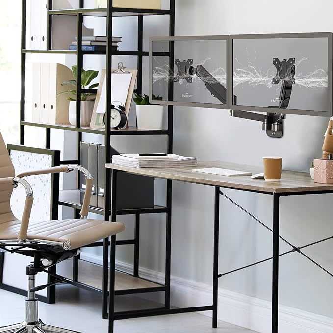 Dual Monitor Wall Mount, Double Monitor Wall Stand for Two 17-32 inch Flat Computer Screens, Height Adjustable Gas Spring Mounted Bracket Arms Hold up to 17.6lbs, VESA 75/100
