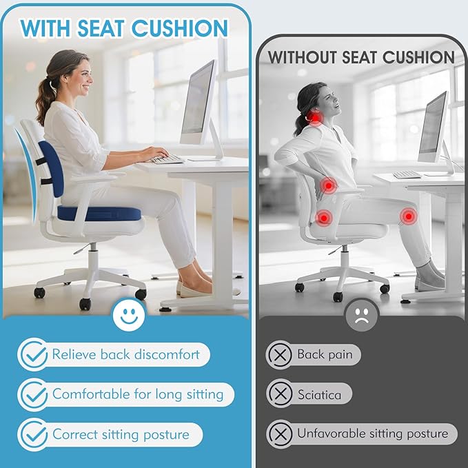 Seat Cushion, Lumbar Support Pillow with Adjustable Strap-Chair Cushions for Sciatica Pain Relief-with Washable Cover Memory Foam for Car, Travel and Wheelchair-Blue