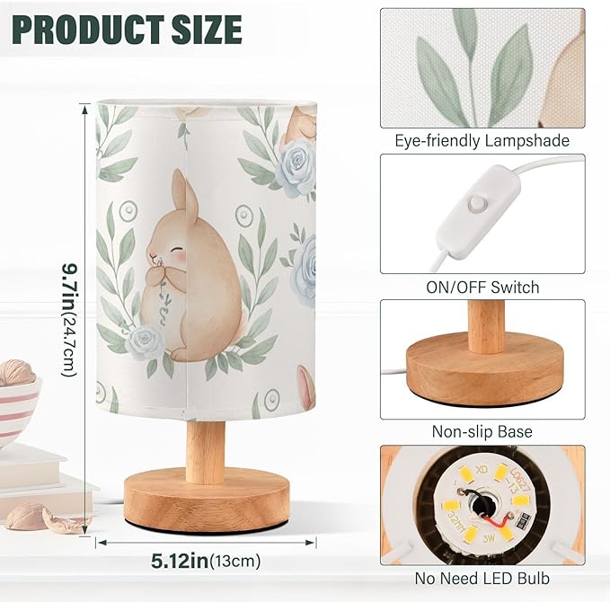 Cute Bunny LED Table Lamp, Bedside Lamp with Linen Lampshade, Flicker-Free Eye Care USB Plug in Nightstand Lamp, for Bedroom and Office
