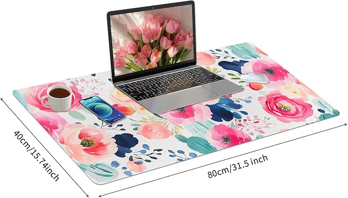 Bloss Pink Floral Desk Mat, Leather Desk Pad, Desk Matt for Desktop, Waterproof Desk Pad Mat, Computer Mat for Office Work/Home/Decor/Desk Protector(31.5 x 15.7 Inches)