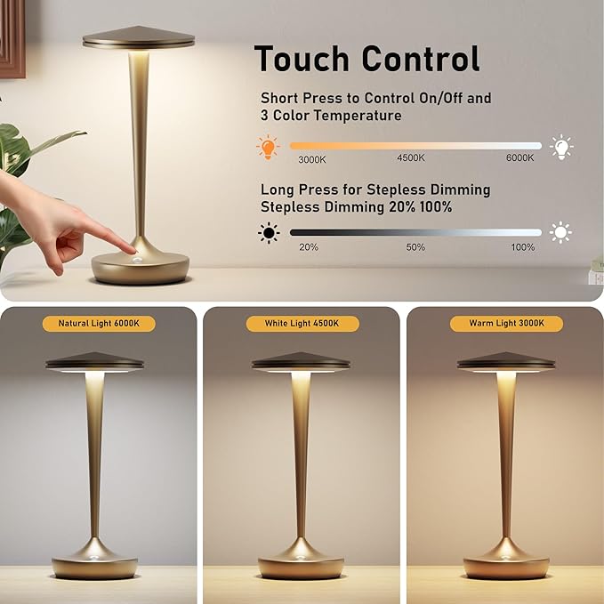 2 Pack Cordless Table Lamps Rechargeable ,6000mAh Battery Portable LED Touchled Led Table Lamp, 3-Color Stepless Dimming & Memory Function, for Outdoor, Dinning, Patio, Restaurant, Kitchen (2 Bronze)