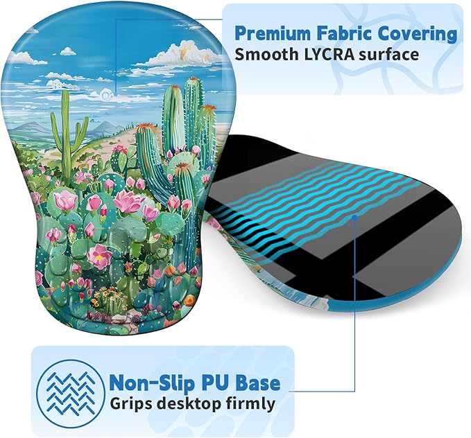 YIWEI Ergonomic Mouse Pad with Wrist Rest - Comfortable Office Mousepad with Memory Foam Wrist Support for Carpal Tunnel Relief, Mouse Pads with Non-Slip Base for Gaming and Home (Cactus)