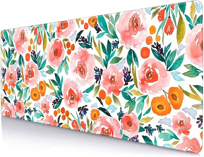IMAYONDIA Large Floral Gaming Mouse Pad Mat with Stitched Edges, Extended Mousepad, Non-Slip Rubber Base Keyboard Pad, Desk Pad for Gamer, Office, (31.5” x 11.8” x 0.12”) - Watercolor Rose Flowers