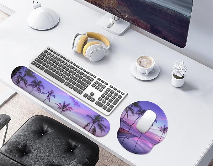 eulps Mouse Pad Wrist Support, Ergonomic Memory Foam Keyboard Wrist Pad & Gel Wrist Rest Set for Computer Keyboard for Easy Typing for Office & Home (Mauve Twilight Set)