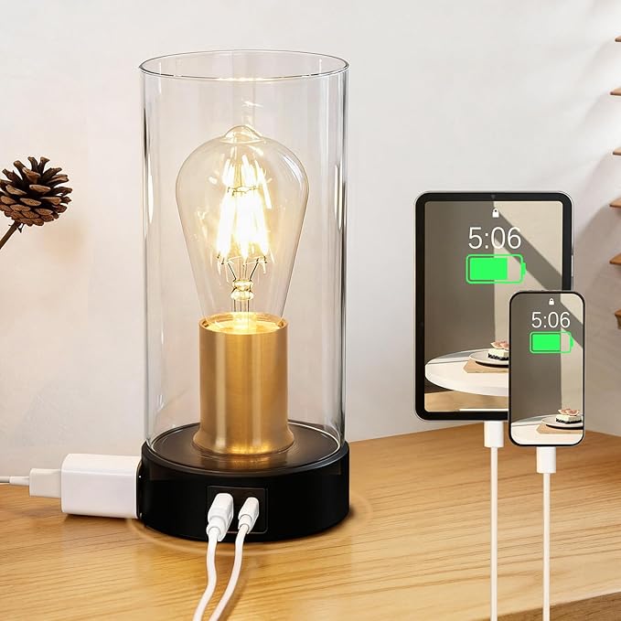 Bedside Table lamp for Bedroom -Touch Lamp with USB-A+C Charging Ports & AC Outlet. Nightstand Lamp with Black Base Glass. Stepless Dimming Small Lamp for Bedroom, Dorm, Office, Kids Room, Living Room