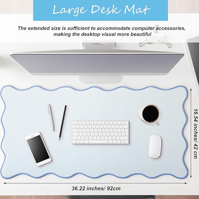 Scalloped Desk Mat Large Scalloped Piping Cute Desk Mat Aesthetic Preppy Table Pad Large Nonslip Pad with Edge Stitching Waterproof Gaming(Blue,36 x 17 Inches)