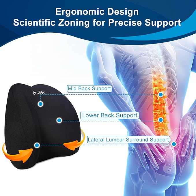 QUTOOL Lumbar Support Pillow for Office Chair, Memory Foam Low Back Cushion, Ergonomic Back Support for Desk Chair, Gaming Chair, Adjustable Strap and Washable Cover