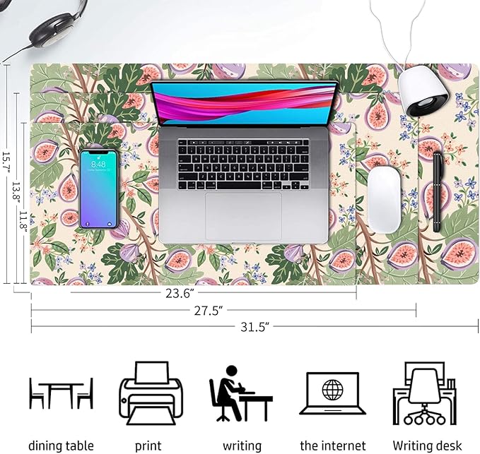 Desk Mat Large Protector Pad 31.5" ×15.7", Non-Slip PU Leather Desk Blotter, Waterproof Mouse Pad for Office Home Figs