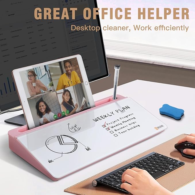 SELEAD Desktop Glass Whiteboard with Organizer & Built-in Mirror - Small Dry Erase White Board Computer Pad Keyboard Stand with Markers, Eraser, Holder for Women - Pink