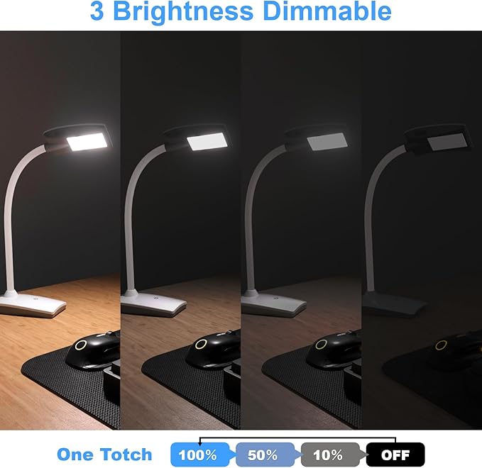 LED Desk Lamp 3 Brightness Dimmable Eye-Caring White Table Lamp Flexible Gooseneck Touch Desk Light 5W 450lm for Home Office Bedroom Reading Study 1.5M USB Cable