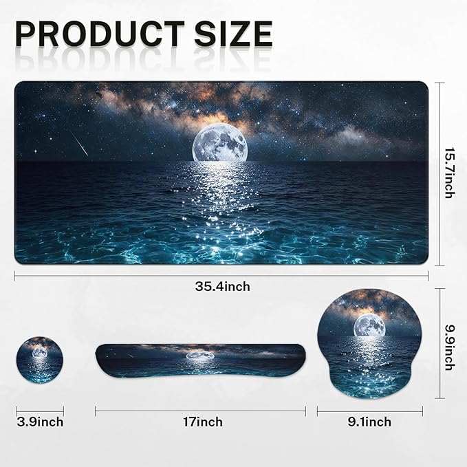 Arttown Moonlight Night Desk Mat Seascape Mouse Pad Set 4 in 1 Romantic Wave Ergonomic Design Large Desk Pad + Keyboard Wrist Rest + Mouse Wrist Rest + Coaster Suitable for Home Office Study Game