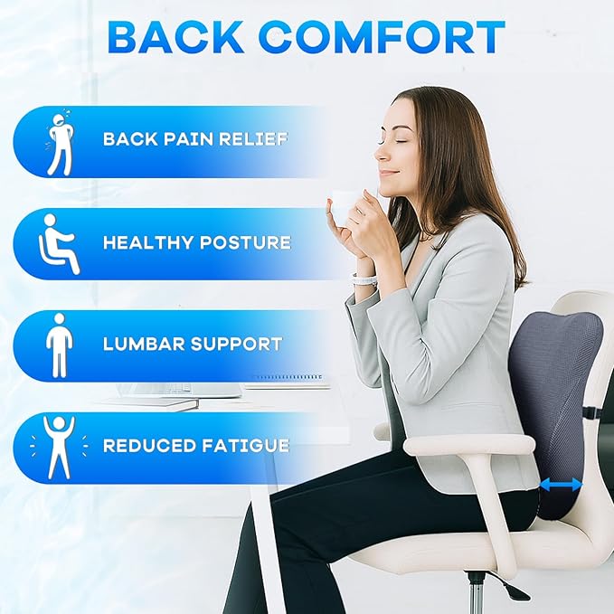 Gel Seat Cushion & Lumbar Support Pillow Set, Cooling Memory Foam for Coccyx & Lumbar Ergonomic Support, Ergonomic Desk Chair Cushion with Breathable Mesh Cover for Car, Home, Wheelchair (Grey)