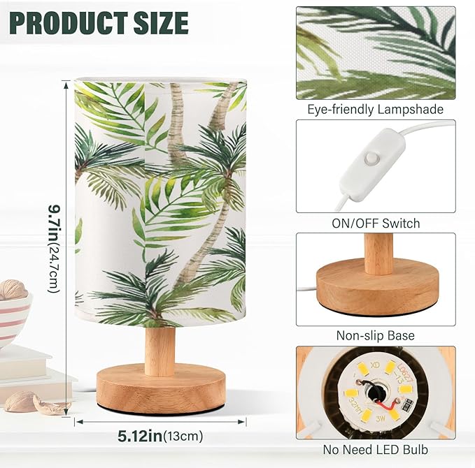 Tropical Palm Tree Bedside Table Lamp for Bedroom Nightstand, Small Eye Care LED Desk Reading Lamp USB Port Wood Base Round Flaxen Fabric Shade for for Kids Room Living Room Office Desk