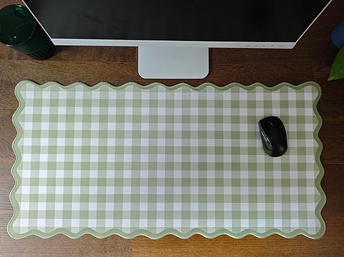 Scalloped‌ Green Checkered Desk Mat Cute Pastel Large Gaming Mouse Pad Gingham Kawaii Cottagecore ‌Vintage‌ Girly Keyboard Computer Mat Aesthetic Desk Pad Accessories Office Decor for Women
