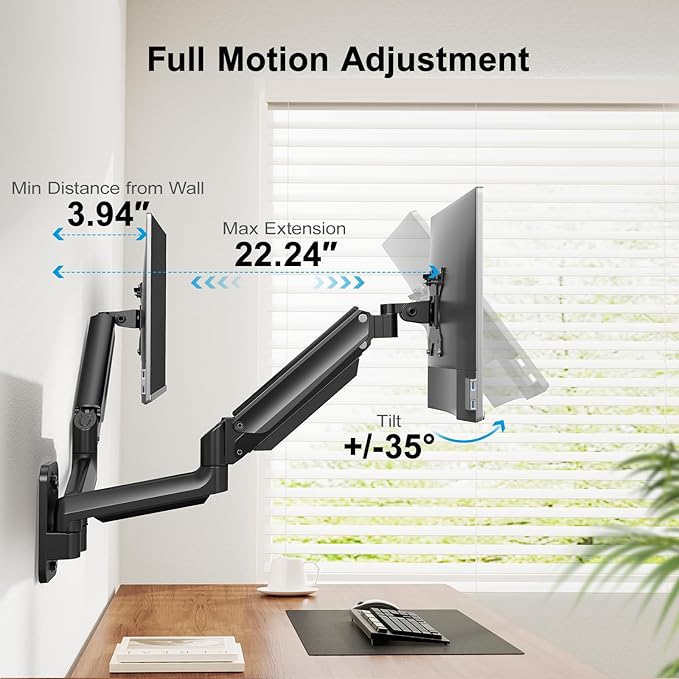 HUANUO Gaming Dual Monitor Wall Mount for 17-32 Inch Computer Screen Mount (4.4-17.6lbs Per Arm) - VESA 75x75/100x100 Height Adjustable Stand for Dual Monitors - Home Office Desk Setup