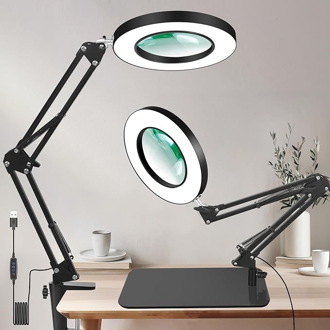 12X Magnifying Glass with Light, 5 Color Modes Stepless Dimmable Magnifier with Stand, LED Lighted Clamp Desk Lamp with Swing Arm, Hands Free for Reading Painting Crafts Close Work