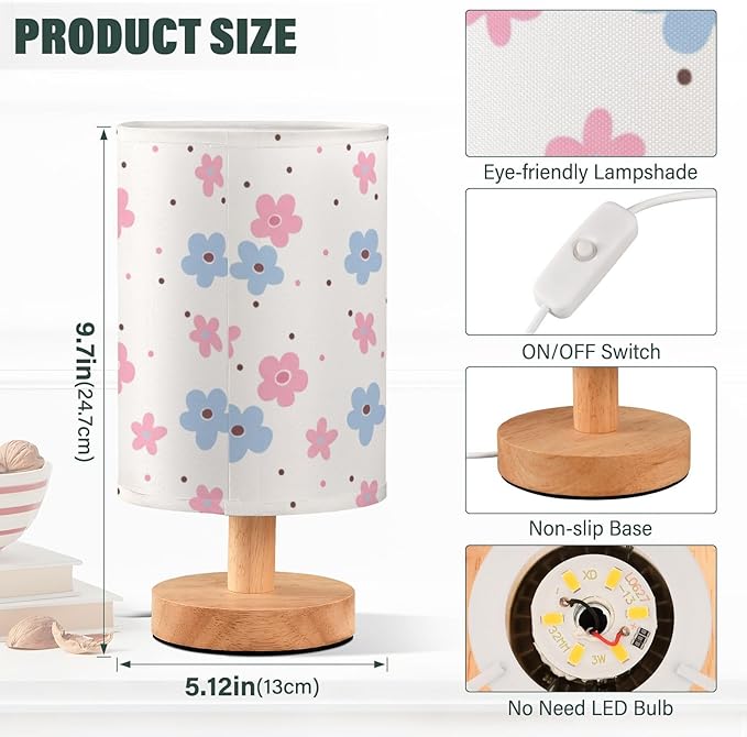 Flower LED Table Lamp, Bedside Lamp with Linen Lampshade, Flicker-Free Eye Care USB Plug in Nightstand Lamp, for Bedroom and Office