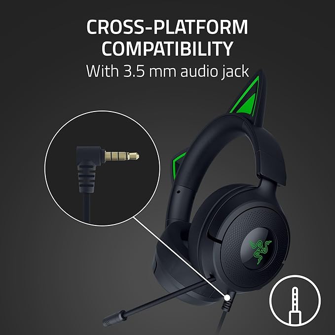 Razer Kraken Kitty V3 X Wired Gaming Headset: Kitty Ears - HyperClear Cardioid Mic - 40 mm Drivers - 7.1 Surround Sound - Comfy Ear Cushions - Cross-Platform via 3.5mm PC, PS5, Xbox, Switch 2 - Black