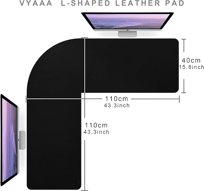 Vyaaa L Shaped Desk Pad 43 inch PU Leather Mouse Pad for Gaming,Working,Writing,Computer,Laptop,Table,Office and Home Non-Slip Corner Desk Mat- Black