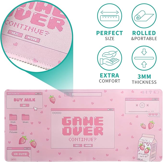 Pink Gaming Mouse Pad 31.5x11.8 Inch Pastel Game Over Large Mousepad Kawaii Office Decor for Women Non-Slip Rubber Base Stitched Edges Keyboard Mouse Mat Desk Pad for Office Home and Game