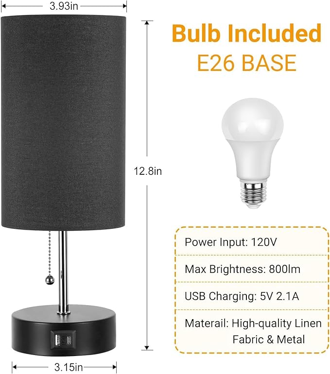 3-Color Temperature Bedside Lamp Nightstand Lamp with USB A Port and C Port, Table Lamp for Bedroom with LED Bulb Small Lamps for Living Room (Black)