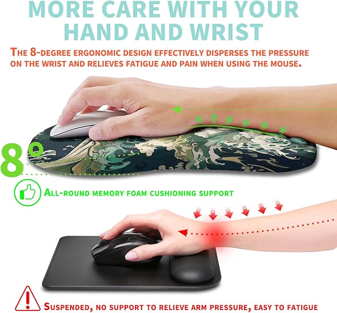 Ergonomic Mouse Pad Wrist Support with Memory Foam Massage Bulge, Carpal Tunnel Mousepad Wrist Rest for Mouse(12x8 inch, Sea Wave)