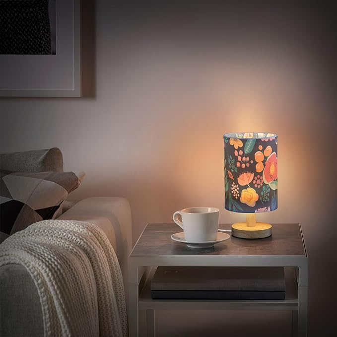 Colorful Floral LED Table Lamp, Bedside Lamp with Linen Lampshade, Flicker-Free Eye Care USB Plug in Nightstand Lamp, for Bedroom and Office