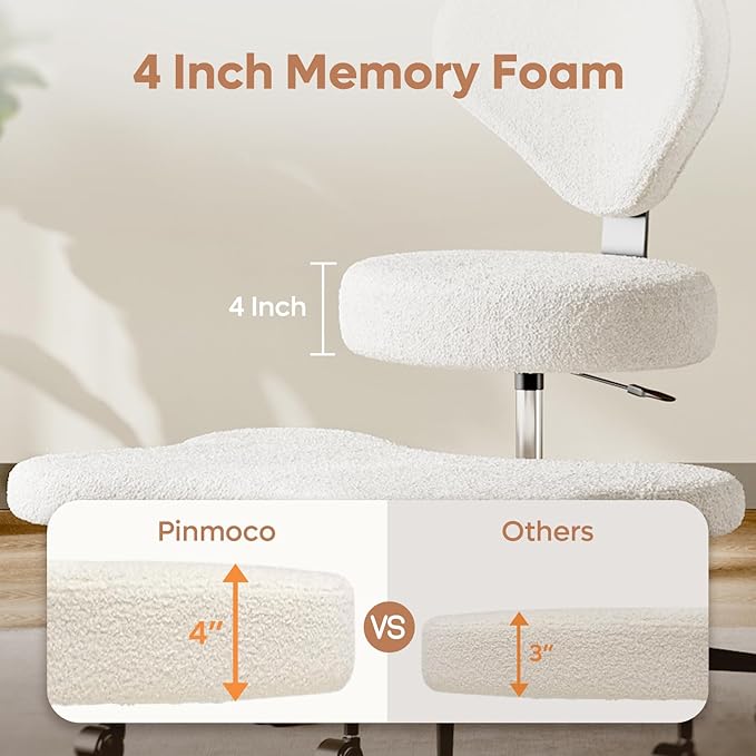 Ergonomic Cross Legged Chair, 360° Swivel Meditation Chair with Wheels, Height Adjustable Seat for ADHD, Strong Lumbar Support, Chic Home Office Furniture, Teddy Fabric, Off White