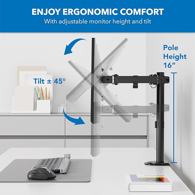Mount-It! Single Monitor Arm Mount | Desk Stand | Full Motion Height Adjustable Articulating Tilt | Fits 19 21 24 27 29 30 32 Inch VESA 75 100 Compatible Computer Screen | C-Clamp and Grommet Base