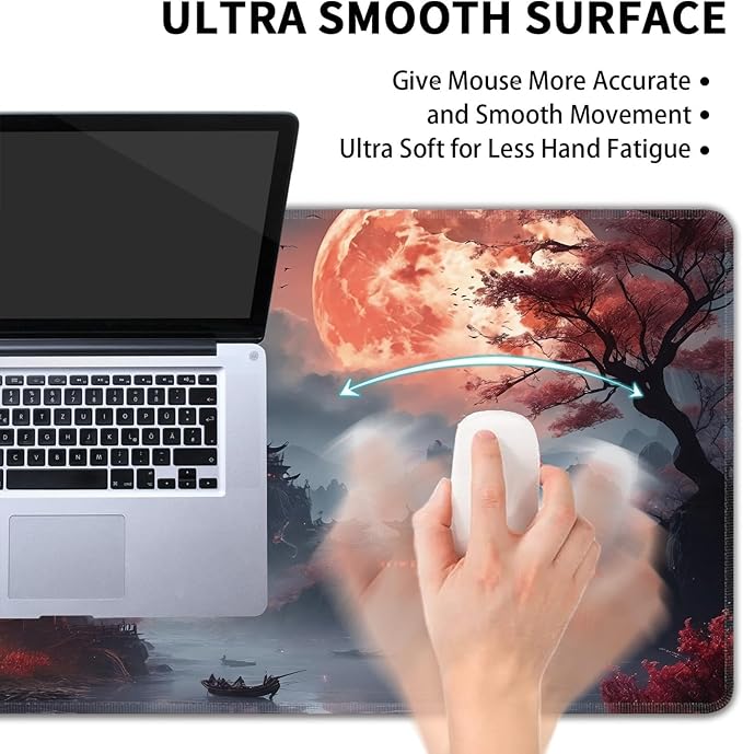Desk Mat, Japanese Full Moon XXL 35.4"x15.7"Large Gaming Mouse Pad, 3mm Thick Gaming Keyboard Pad,Desk Pad Non-Slip Rubber Base with Stitched Edges for Office Game Home Decor