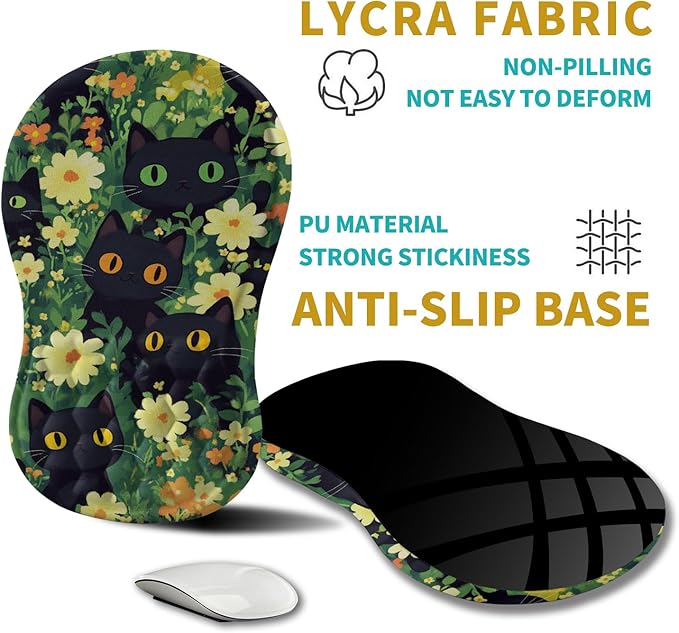 Hokafenle Ergonomic Mouse Pad Wrist Support, Wrist Rest Mousepad for Carpal Tunnel with Integrated Memory Foam Slope Massage Bulge (11.8x7.9 inch,Cute Cat)